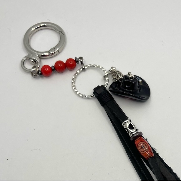 Leather tassel and red coral stones beadskeychain, bag charm. Handmade- New - Picture 3 of 3